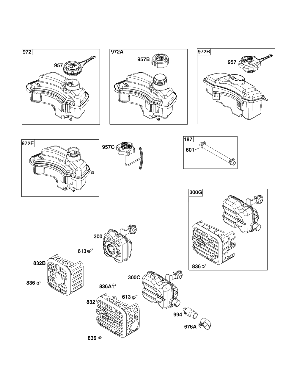 Exhaust System, Fuel Supply Diagram and Parts List for 93J02-0079-H1  Briggs and Stratton Engine